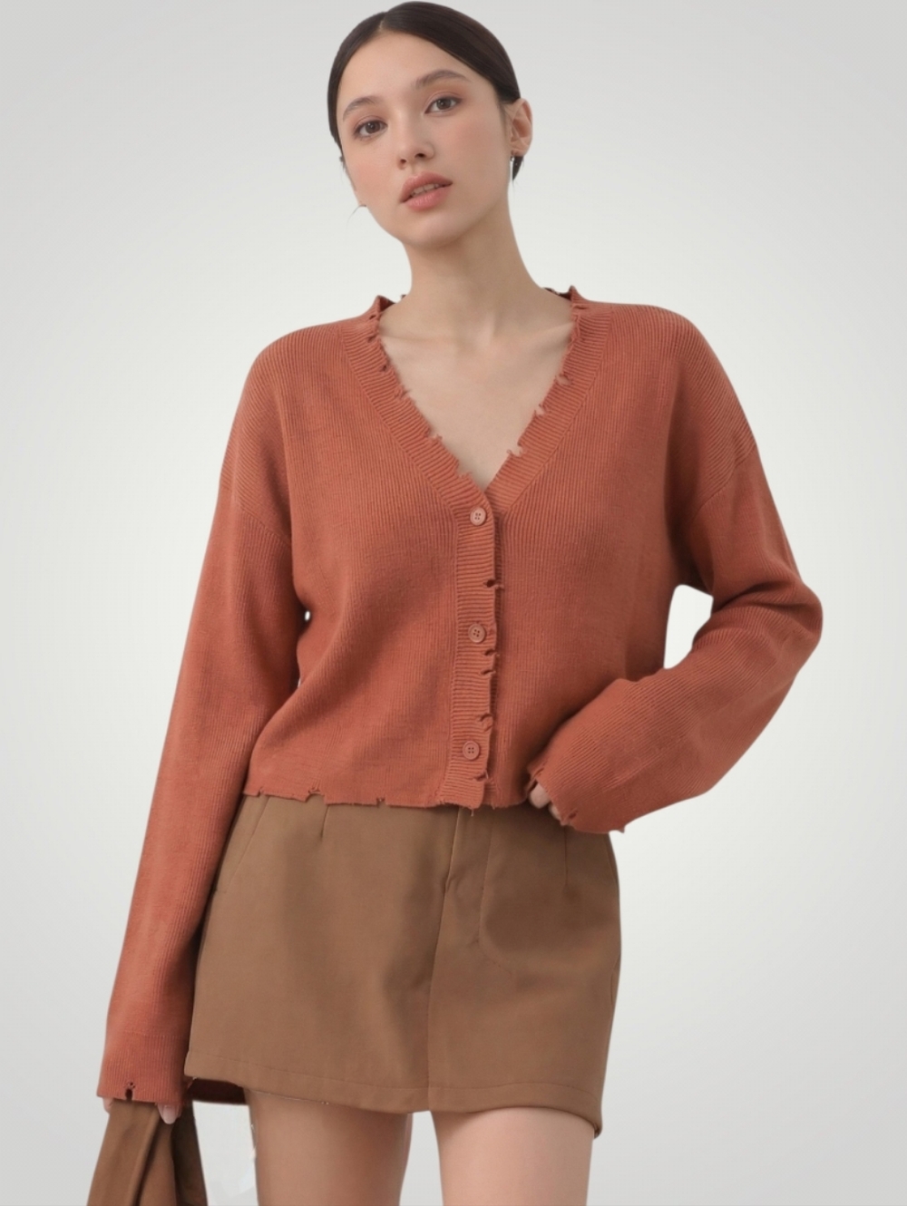 525 America Rust Cotton Cardigan Small Bell Sleeve‎ Raw Edge Frayed Trim New